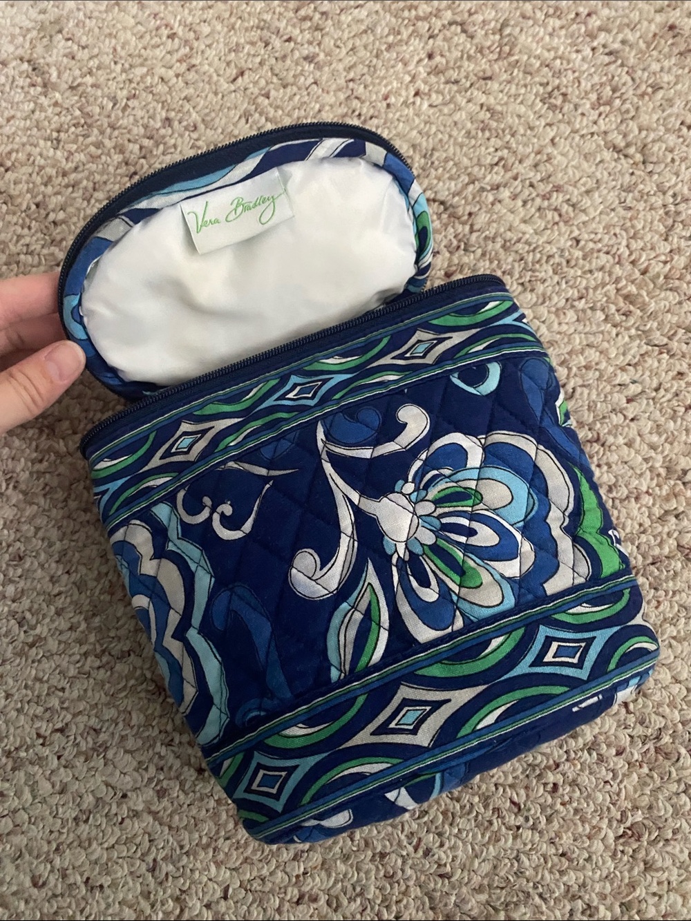 Vera Bradley Quilted Floral Cosmetic Case in Navy, Teal & White